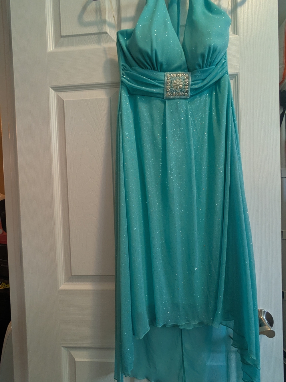 Speechless Teal Halter High-Low Dress with Jeweled Buckle
